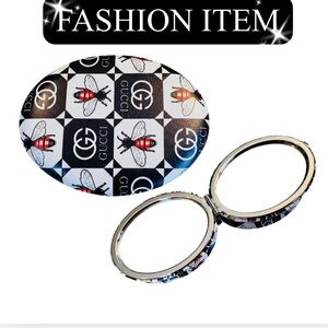 COMPACT MIRROR: Oval-Shaped Black, White, & Red w/Bee Design, NWOT